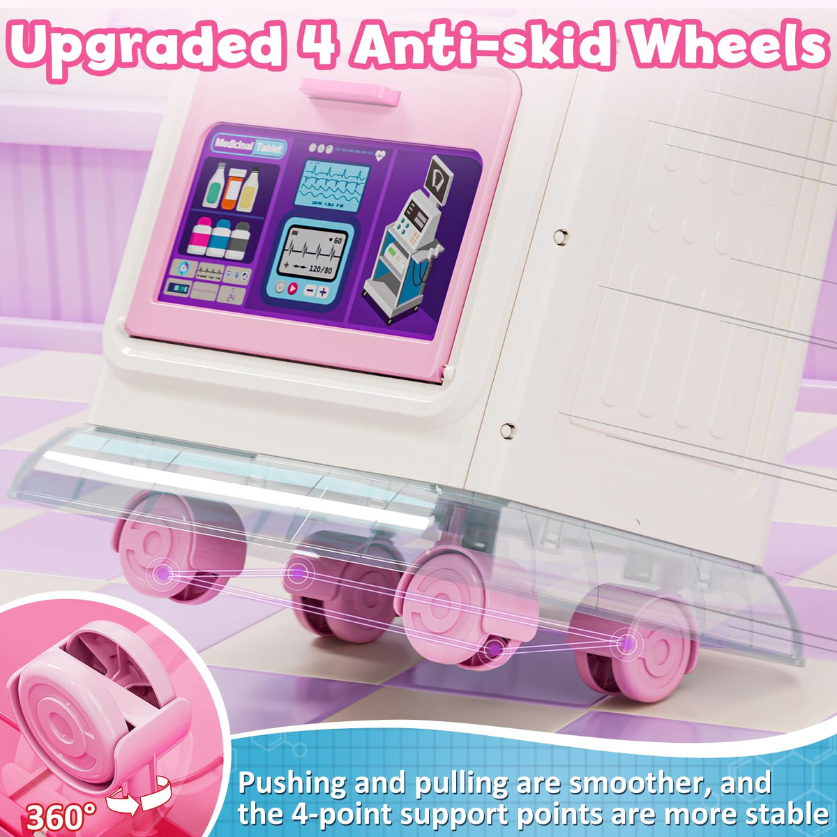 Lehoo Castle Doctor Kit for Toddlers Pink – 4-Wheel Mobile Doctor Cart with Lights & Sounds
