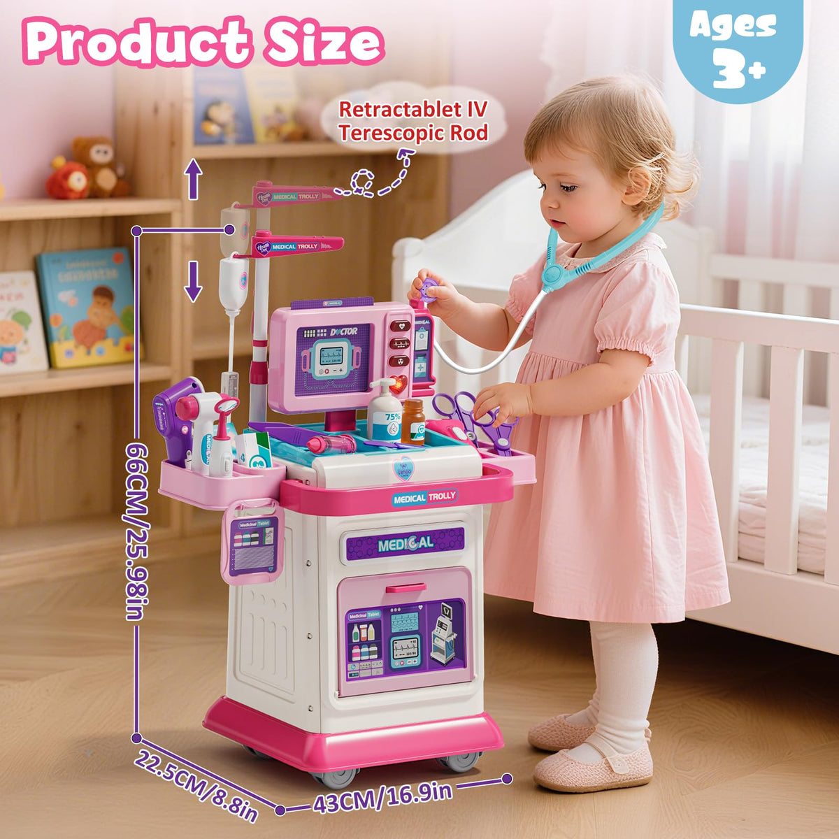 Lehoo Castle Doctor Kit for Toddlers Pink – 4-Wheel Mobile Doctor Cart with Lights & Sounds