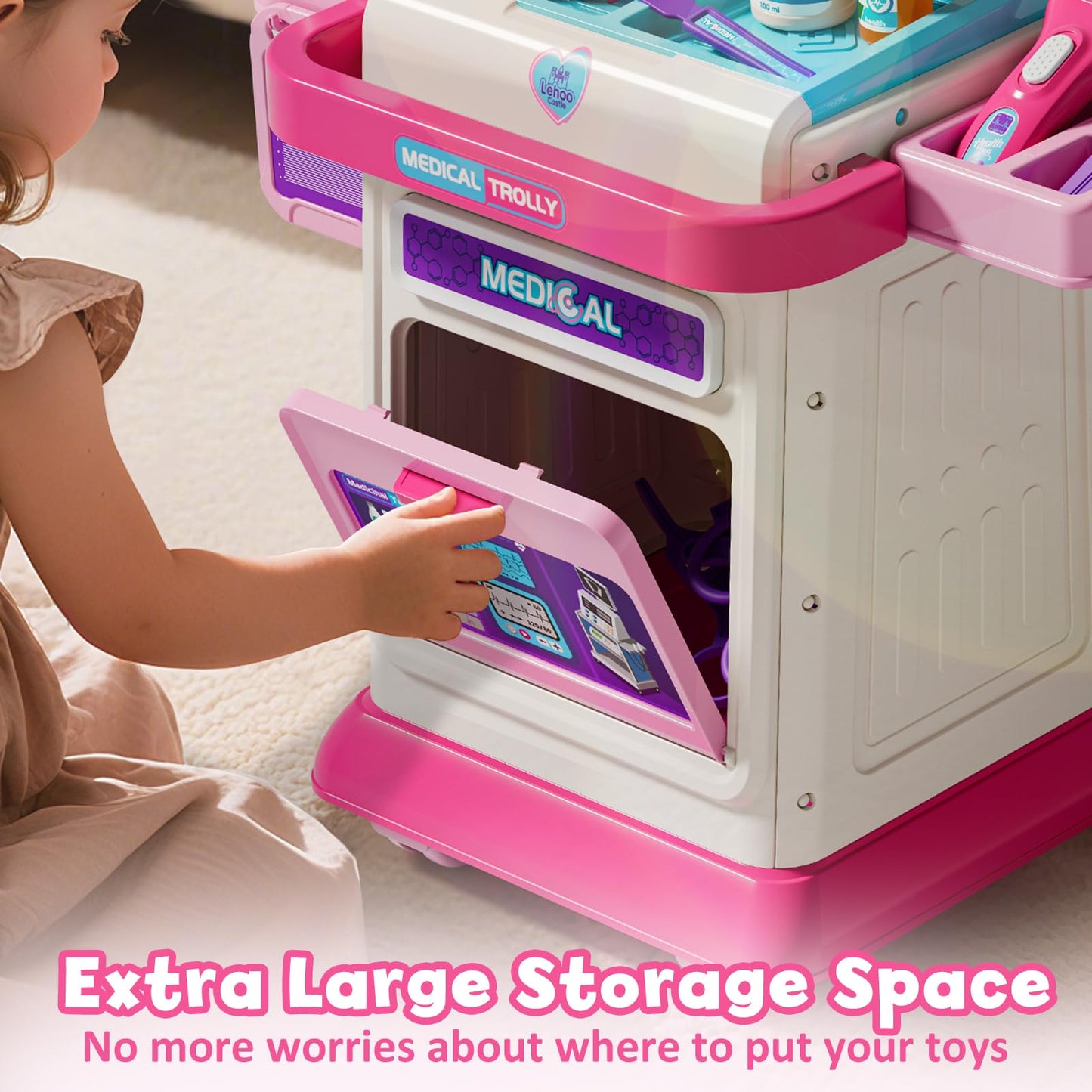 Lehoo Castle Doctor Kit for Toddlers Pink – 4-Wheel Mobile Doctor Cart with Lights & Sounds