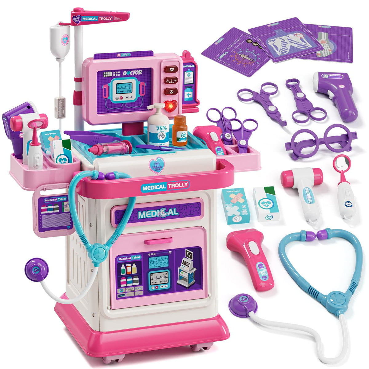 Lehoo Castle Doctor Kit for Toddlers Pink – 4-Wheel Mobile Doctor Cart with Lights & Sounds