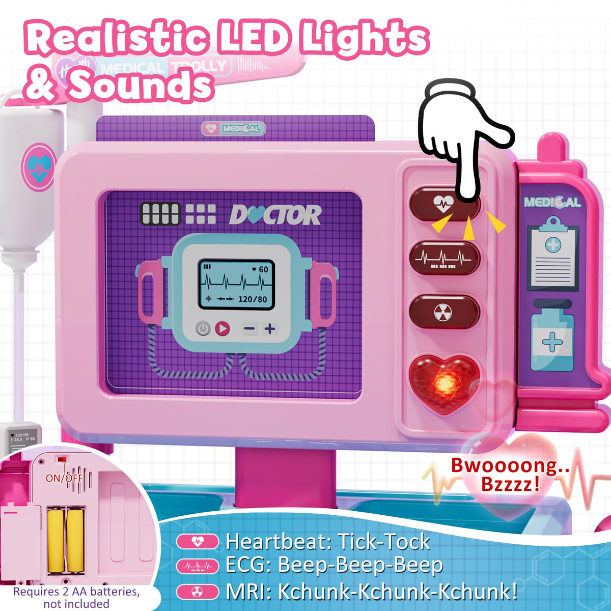 Lehoo Castle Doctor Kit for Toddlers Pink – 4-Wheel Mobile Doctor Cart with Lights & Sounds