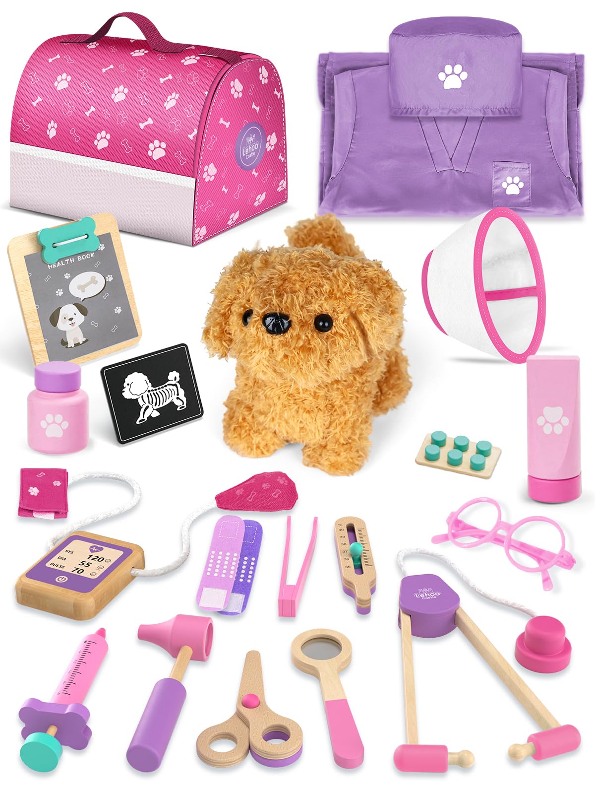 Lehoo Castle Wooden Doctor Playset for Kids — Vet Kit with Puppy (Pink, Ages 3-8)