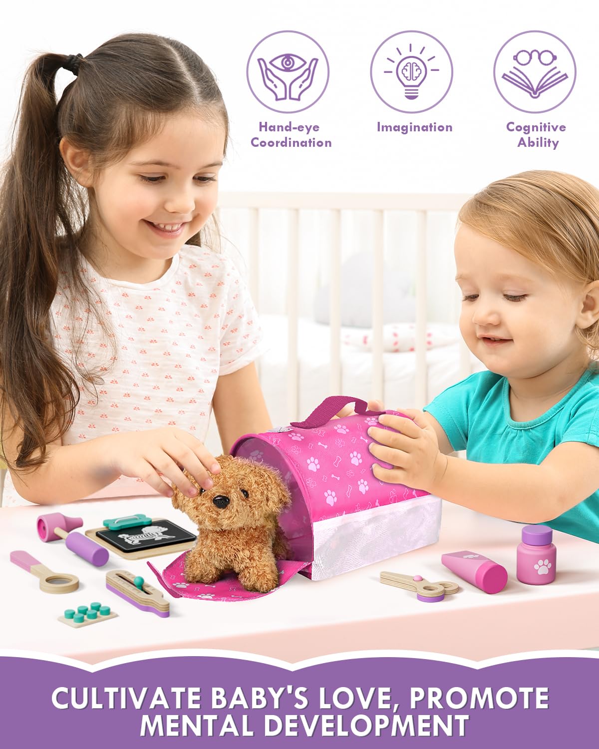 Lehoo Castle Wooden Doctor Playset for Kids — Vet Kit with Puppy (Pink, Ages 3-8)