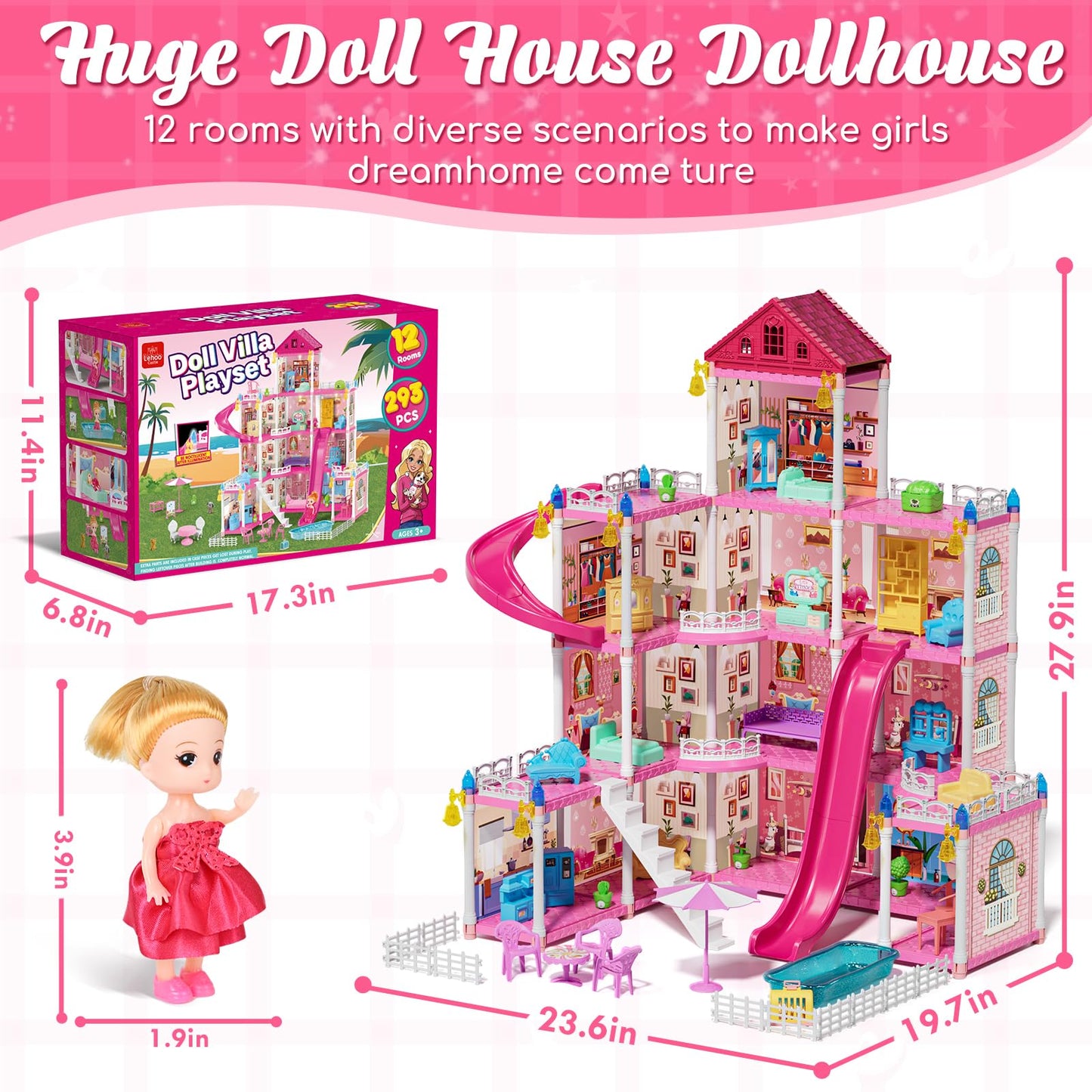 Lehoo Castle Doll House Dreamhome: 4-Story Playset with 12 Rooms & Lights