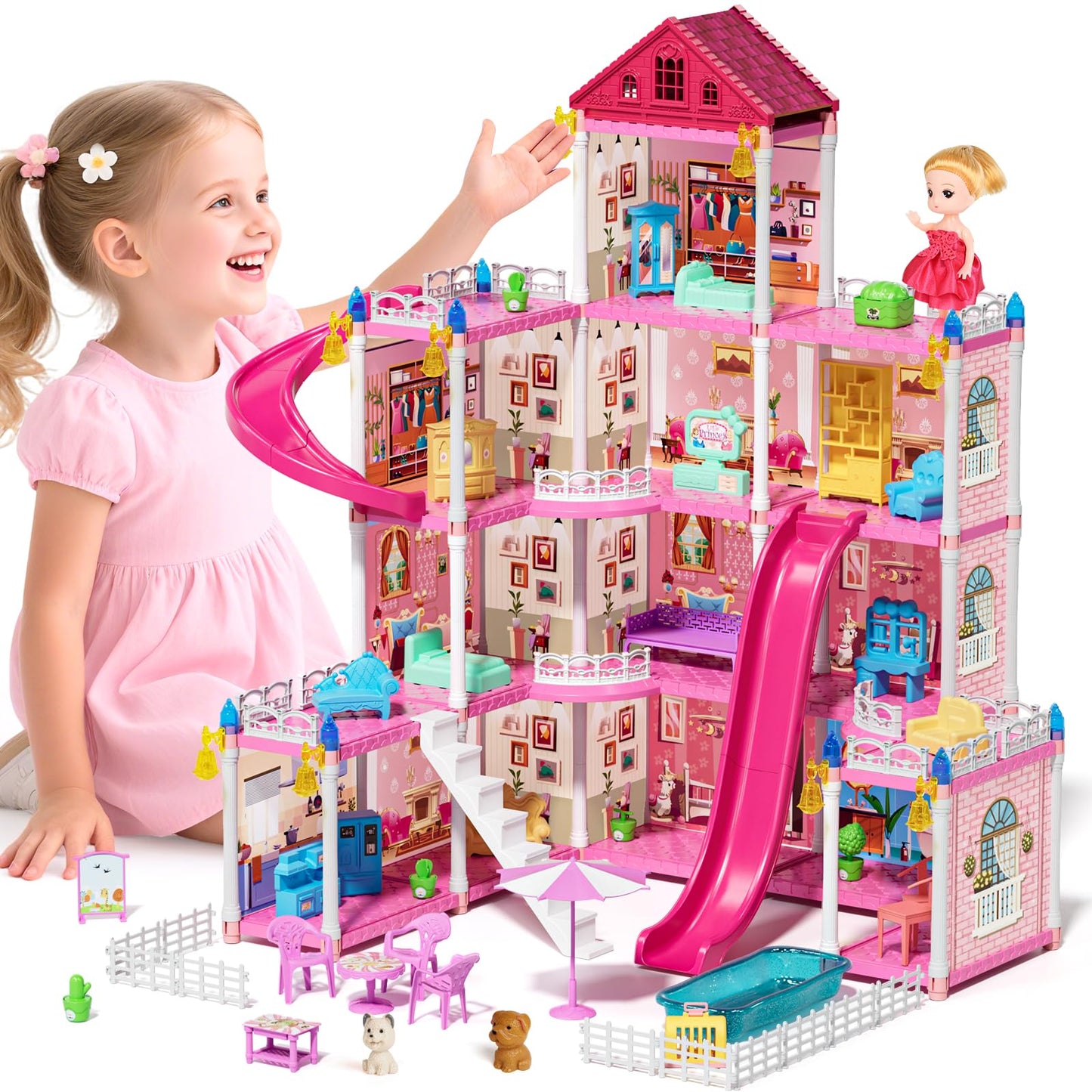 Lehoo Castle Doll House Dreamhome: 4-Story Playset with 12 Rooms & Lights
