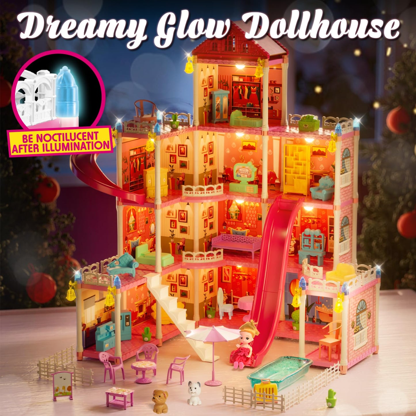 Lehoo Castle Doll House Dreamhome: 4-Story Playset with 12 Rooms & Lights