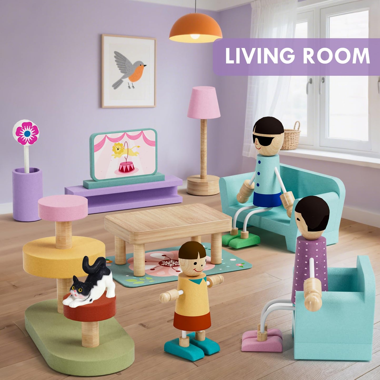 Lehoo Castle 39-Pcs All-Wooden Dollhouse Furniture Set | 5 Rooms & 3 Dolls