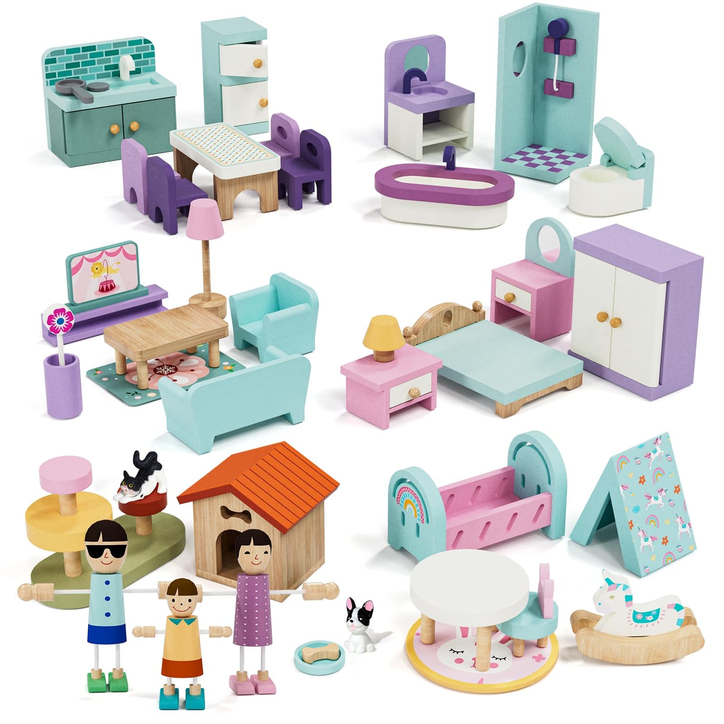 Lehoo Castle 39-Pcs All-Wooden Dollhouse Furniture Set | 5 Rooms & 3 Dolls