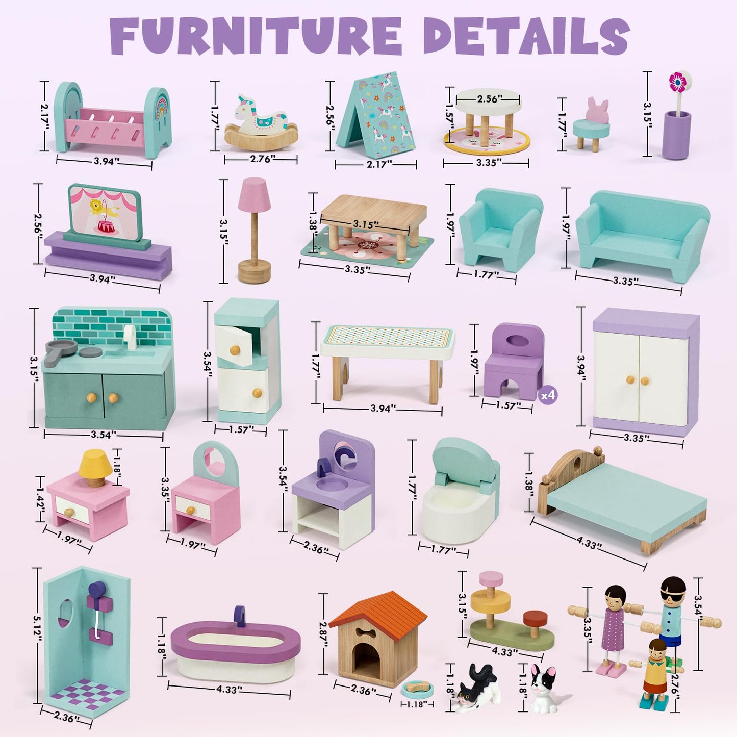 Lehoo Castle 39-Pcs All-Wooden Dollhouse Furniture Set | 5 Rooms & 3 Dolls