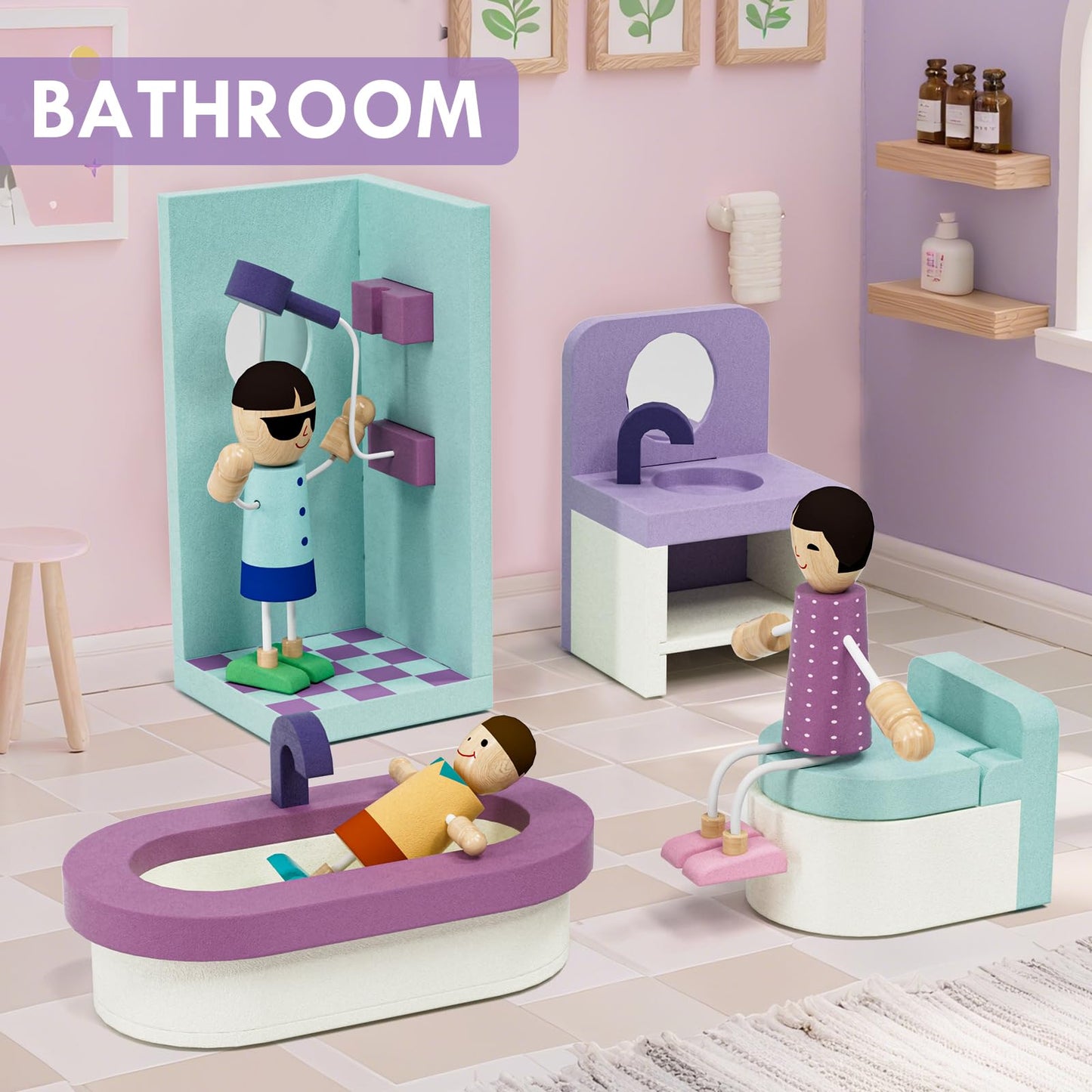 Lehoo Castle 39-Pcs All-Wooden Dollhouse Furniture Set | 5 Rooms & 3 Dolls