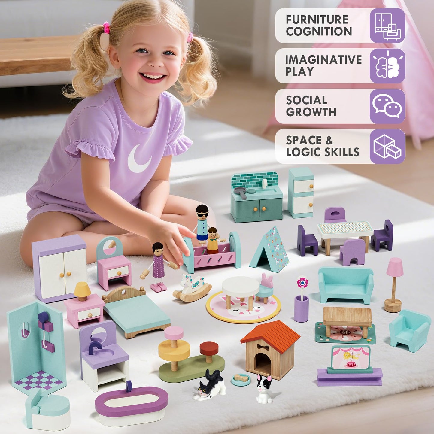 Lehoo Castle 39-Pcs All-Wooden Dollhouse Furniture Set | 5 Rooms & 3 Dolls