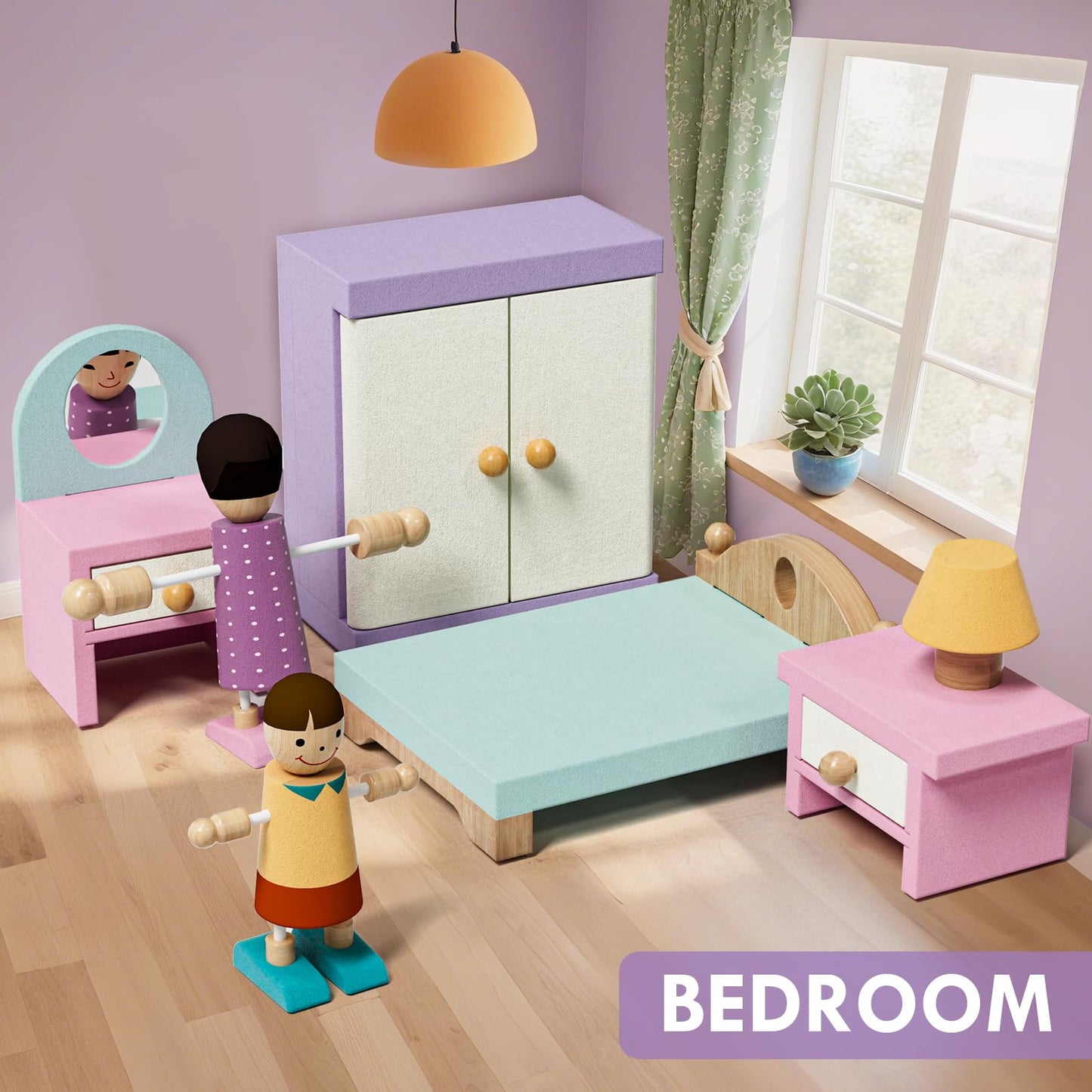 Lehoo Castle 39-Pcs All-Wooden Dollhouse Furniture Set | 5 Rooms & 3 Dolls