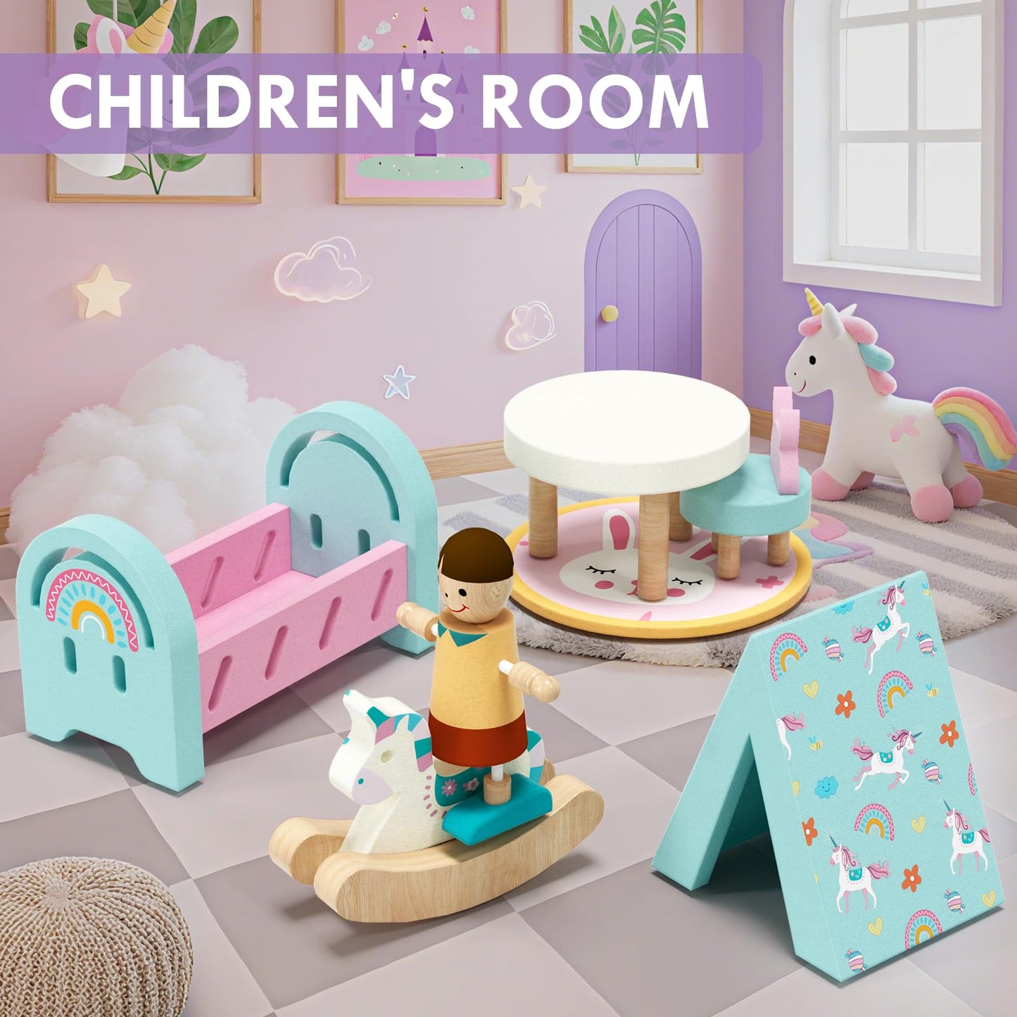 Lehoo Castle 39-Pcs All-Wooden Dollhouse Furniture Set | 5 Rooms & 3 Dolls