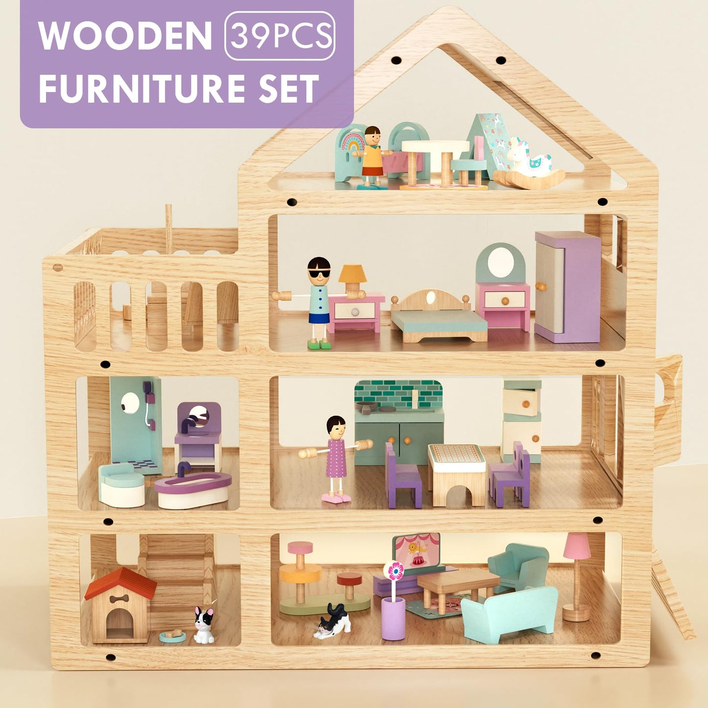 Lehoo Castle 39-Pcs All-Wooden Dollhouse Furniture Set | 5 Rooms & 3 Dolls