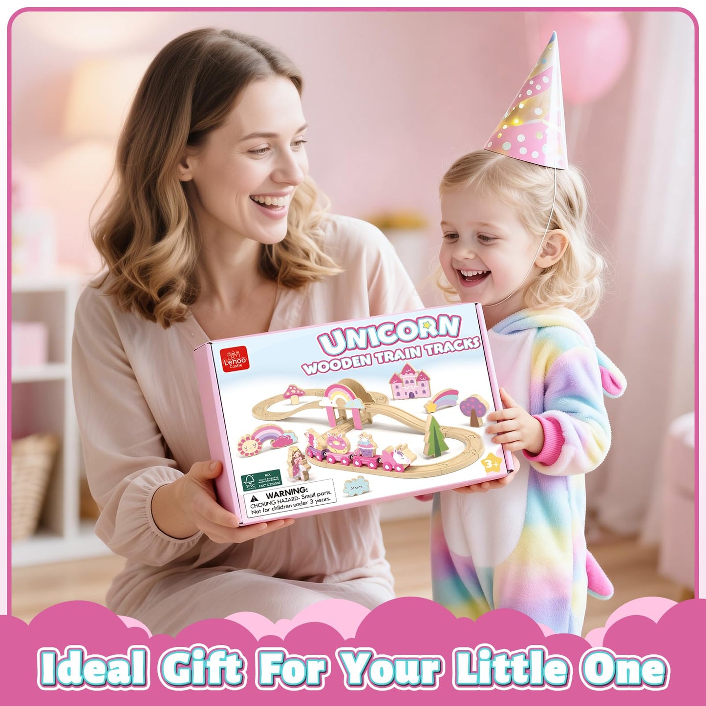 Lehoo Castle Wooden Train Set – Unicorn Pink Train for Toddlers 2-4 | Expandable Track