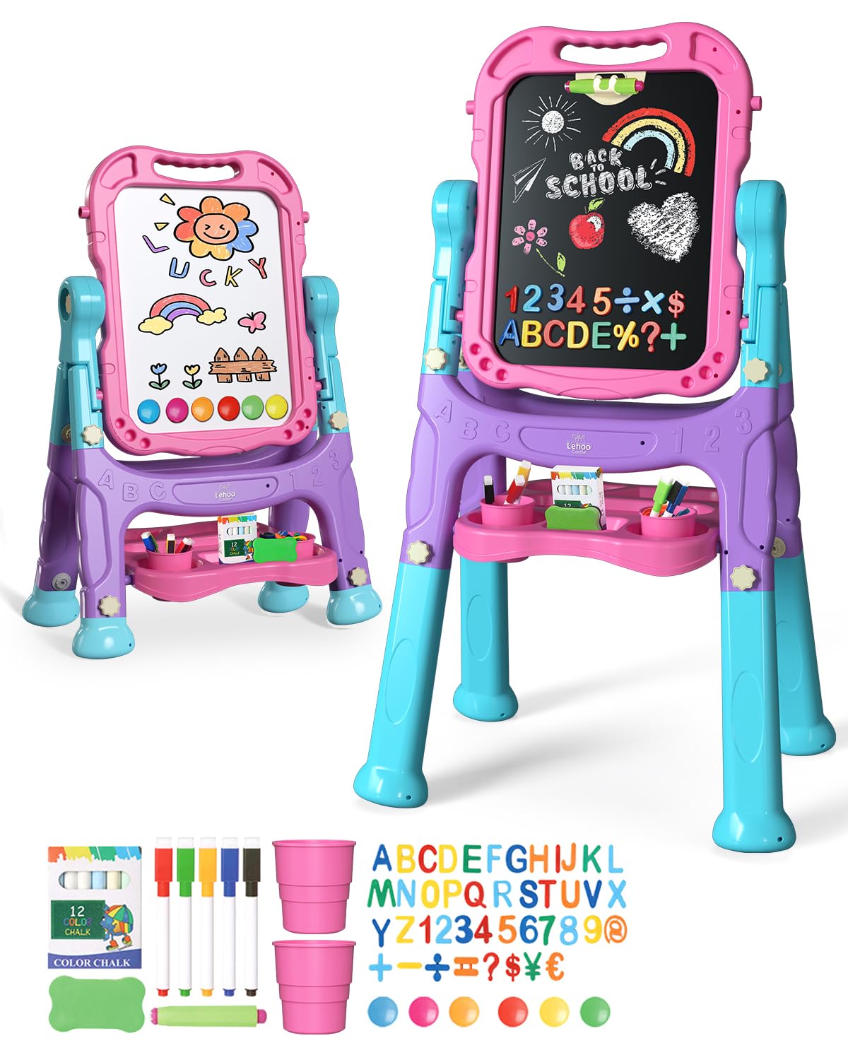 Lehoo Castle 4-in-1 Kids Easel — Double-Sided Magnetic Whiteboard & Chalkboard, Adjustable Height