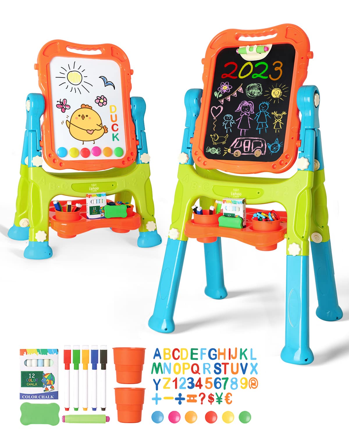 Lehoo Castle 4-in-1 Double-Sided Kids Easel – Magnetic Whiteboard & Chalkboard, Adjustable Height