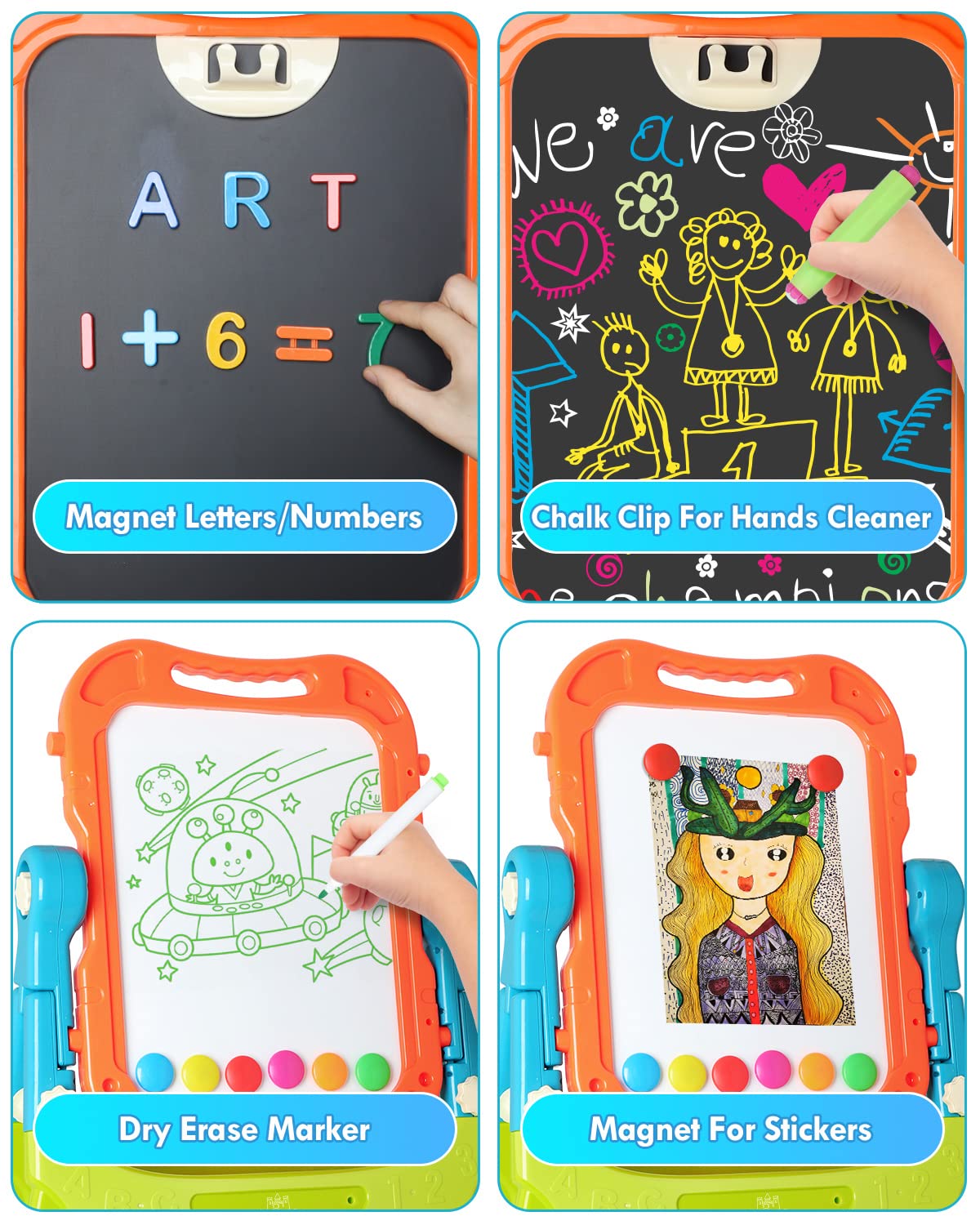 Lehoo Castle 4-in-1 Double-Sided Kids Easel – Magnetic Whiteboard & Chalkboard, Adjustable Height