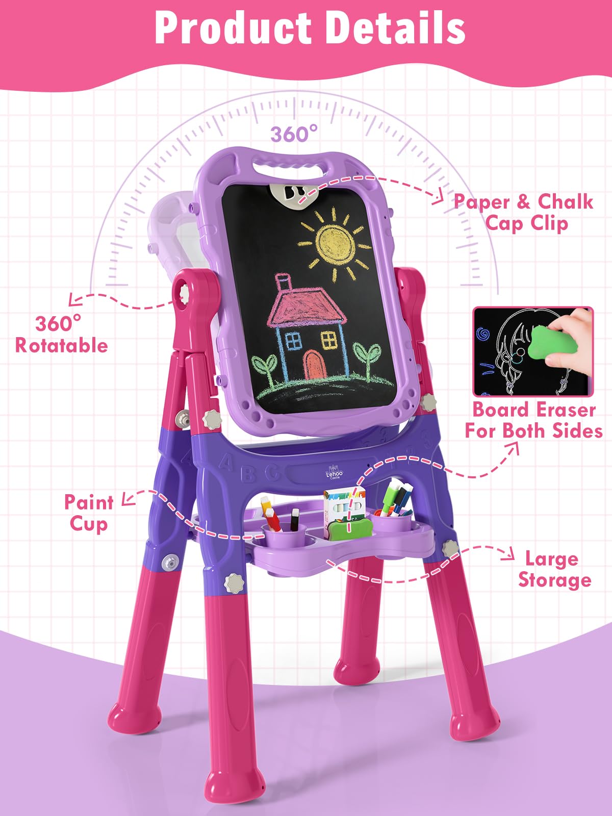 Lehoo Castle Easel for Kids – Double-Sided Chalkboard & Whiteboard, Adjustable Height, Portable Toddler Art Easel