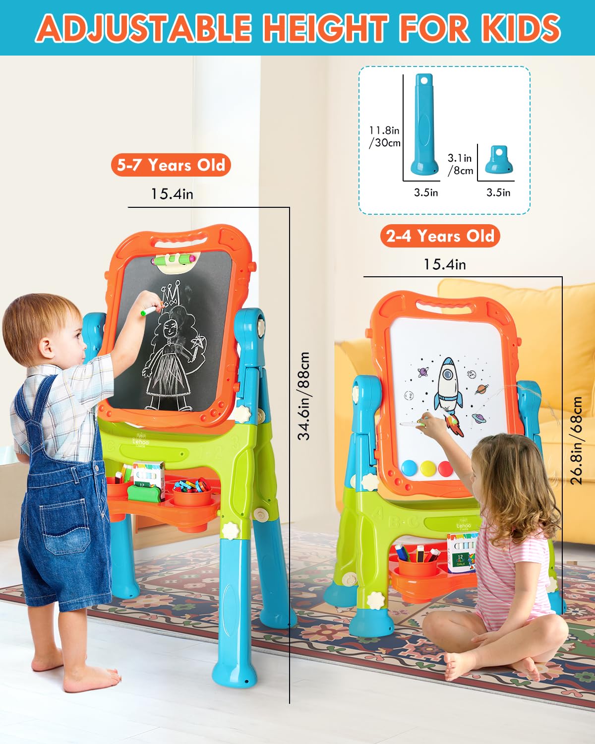 Lehoo Castle 4-in-1 Double-Sided Kids Easel – Magnetic Whiteboard & Chalkboard, Adjustable Height