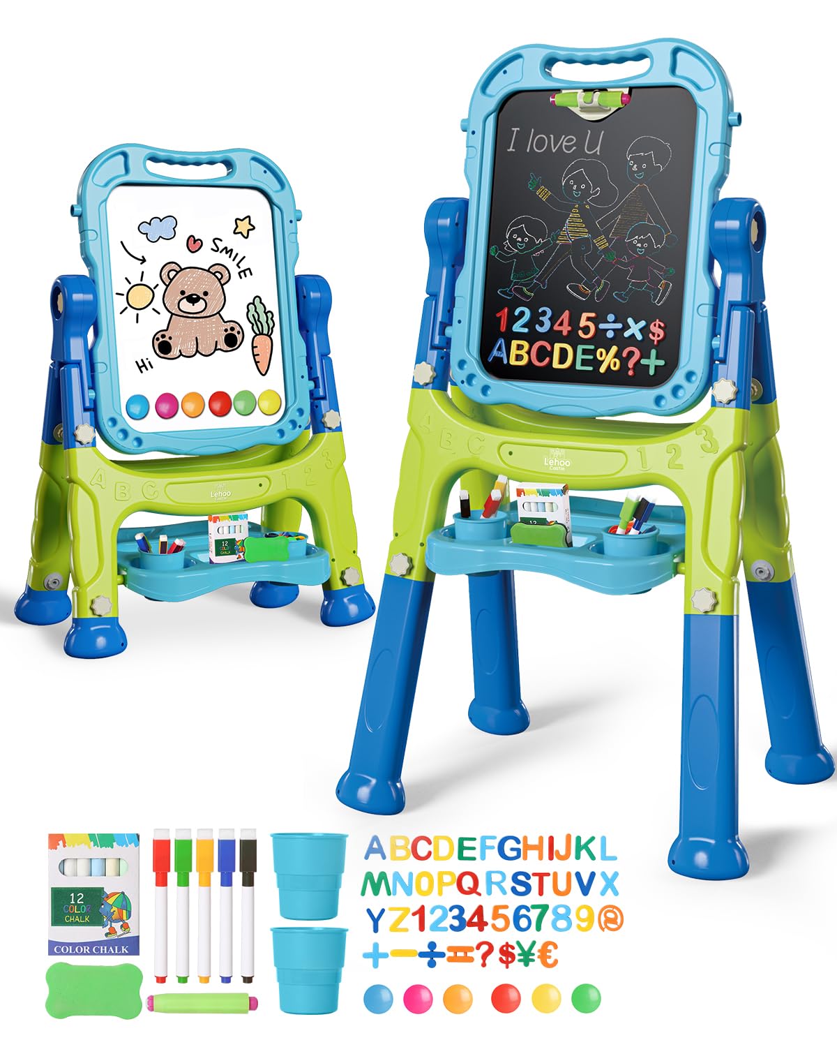 Lehoo Castle 4-in-1 Kids Easel | Adjustable, Double-Sided Magnetic Whiteboard & Chalkboard