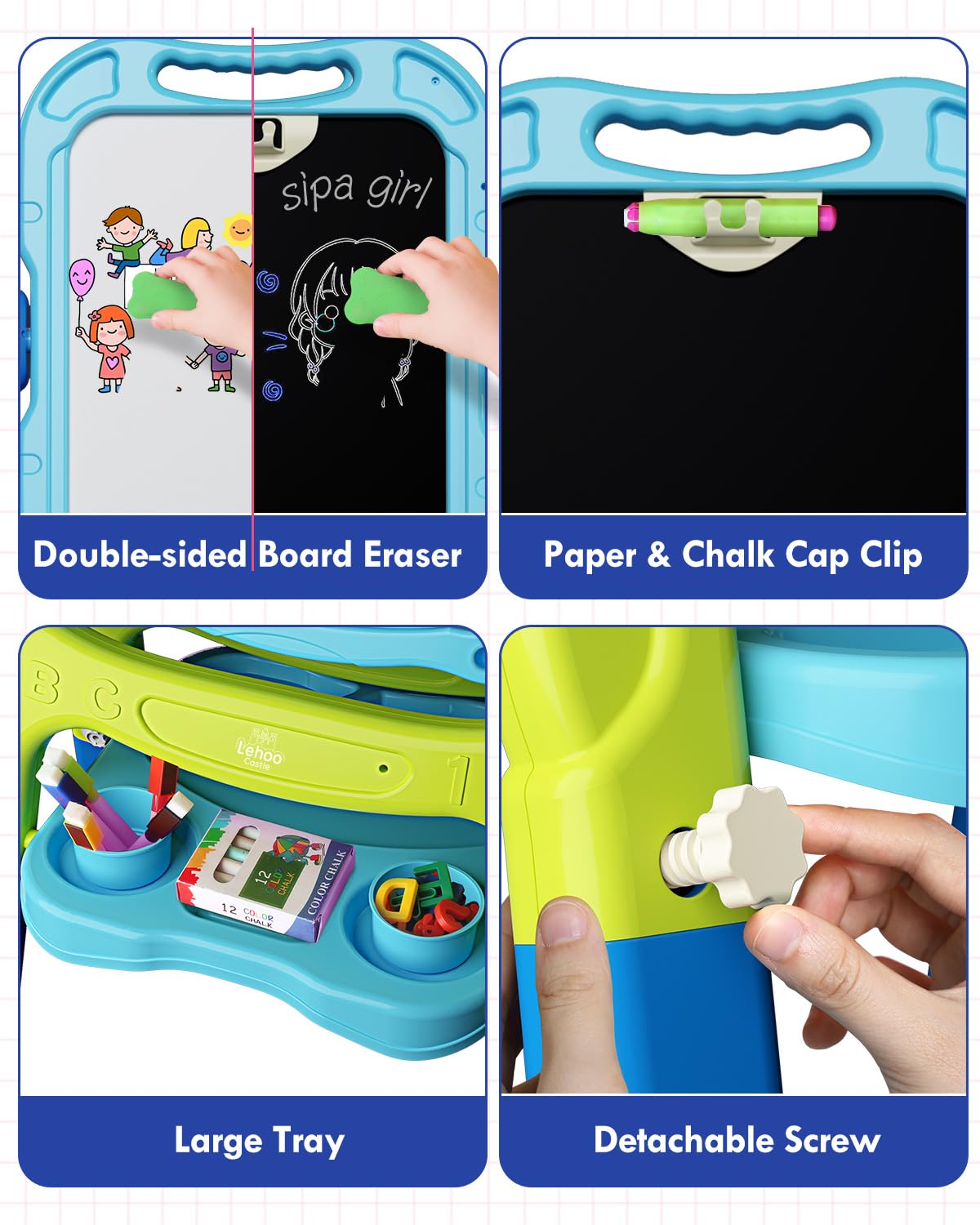 Lehoo Castle 4-in-1 Kids Easel | Adjustable, Double-Sided Magnetic Whiteboard & Chalkboard