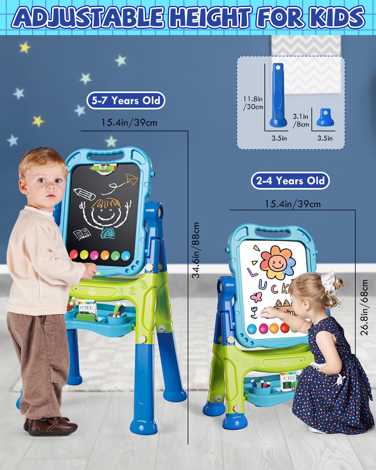 Lehoo Castle 4-in-1 Kids Easel | Adjustable, Double-Sided Magnetic Whiteboard & Chalkboard