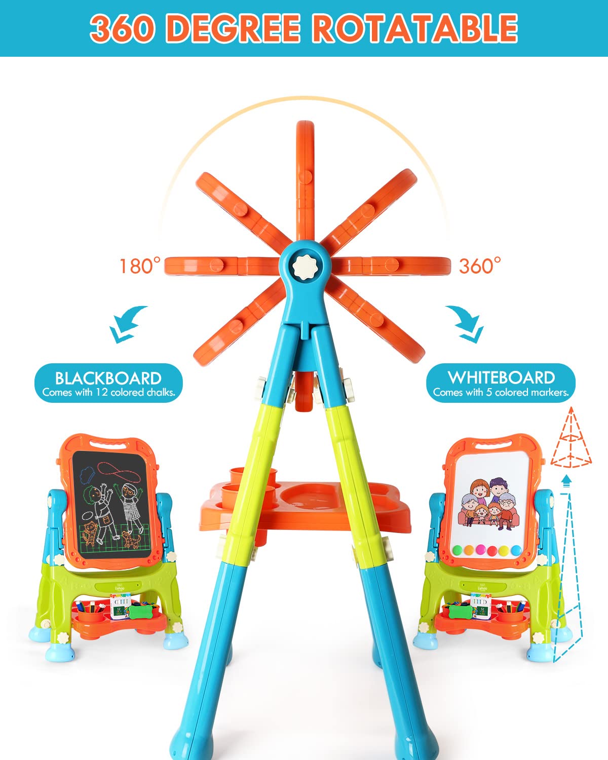 Lehoo Castle 4-in-1 Double-Sided Kids Easel – Magnetic Whiteboard & Chalkboard, Adjustable Height