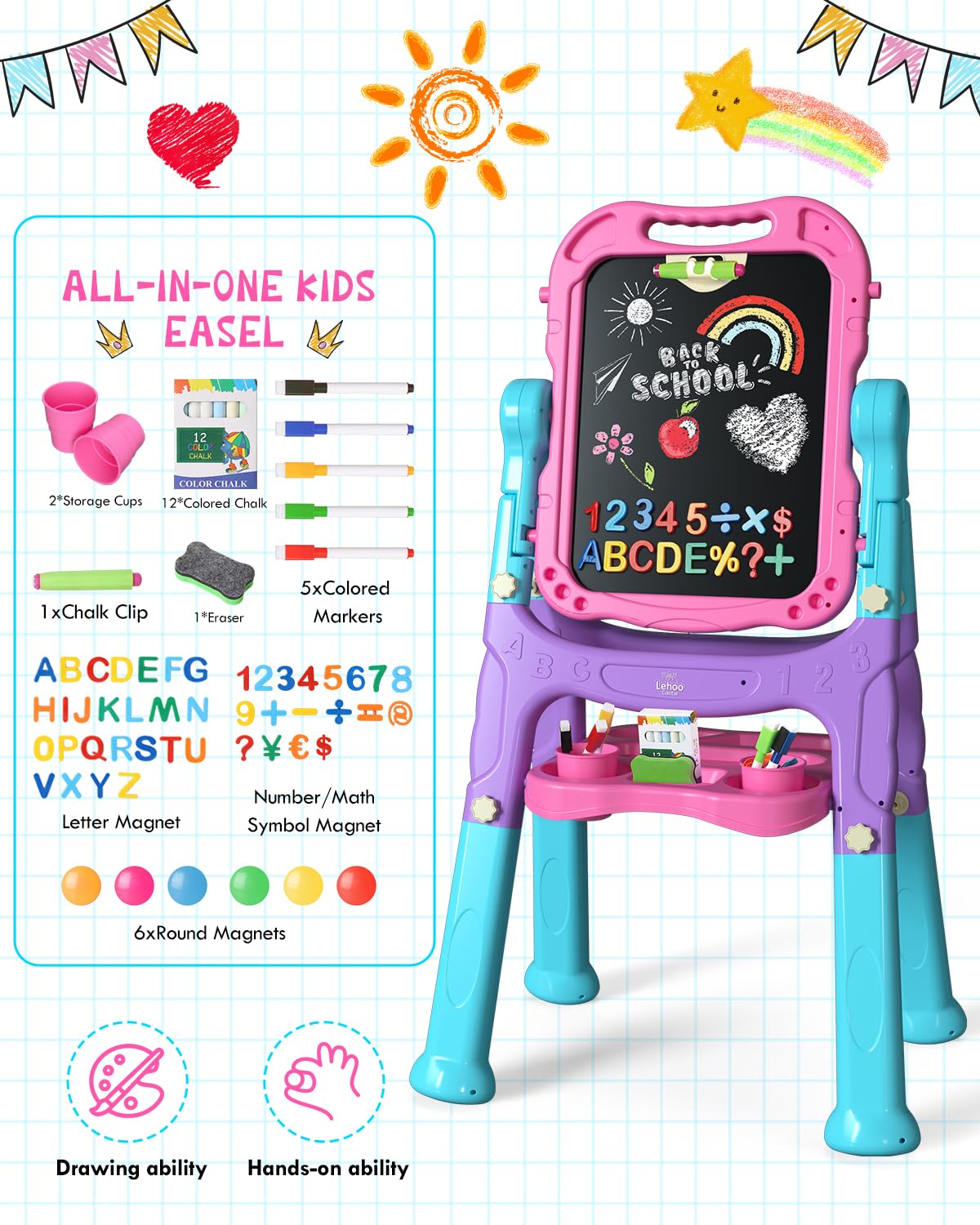 Lehoo Castle 4-in-1 Kids Easel — Double-Sided Magnetic Whiteboard & Chalkboard, Adjustable Height