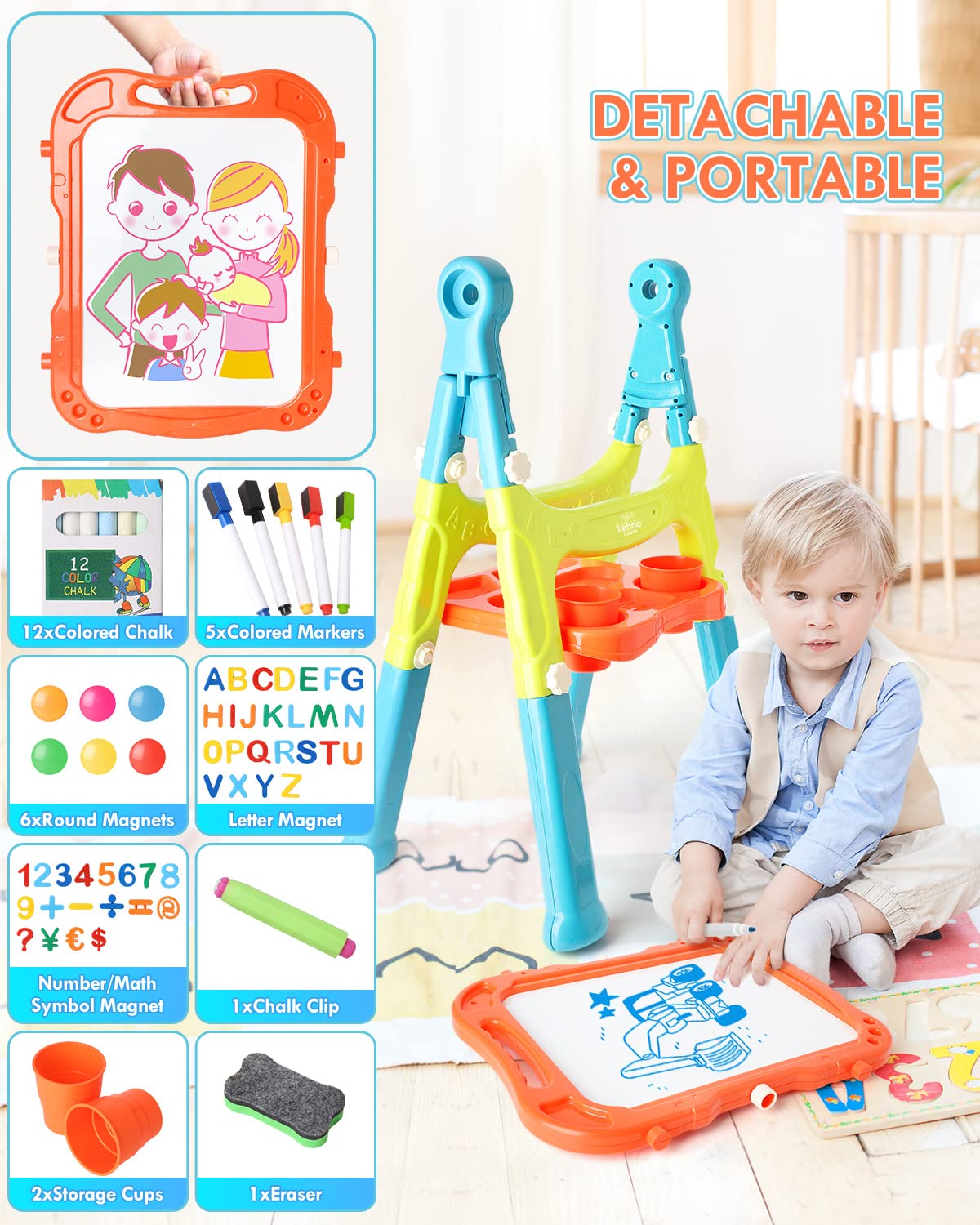 Lehoo Castle 4-in-1 Double-Sided Kids Easel – Magnetic Whiteboard & Chalkboard, Adjustable Height