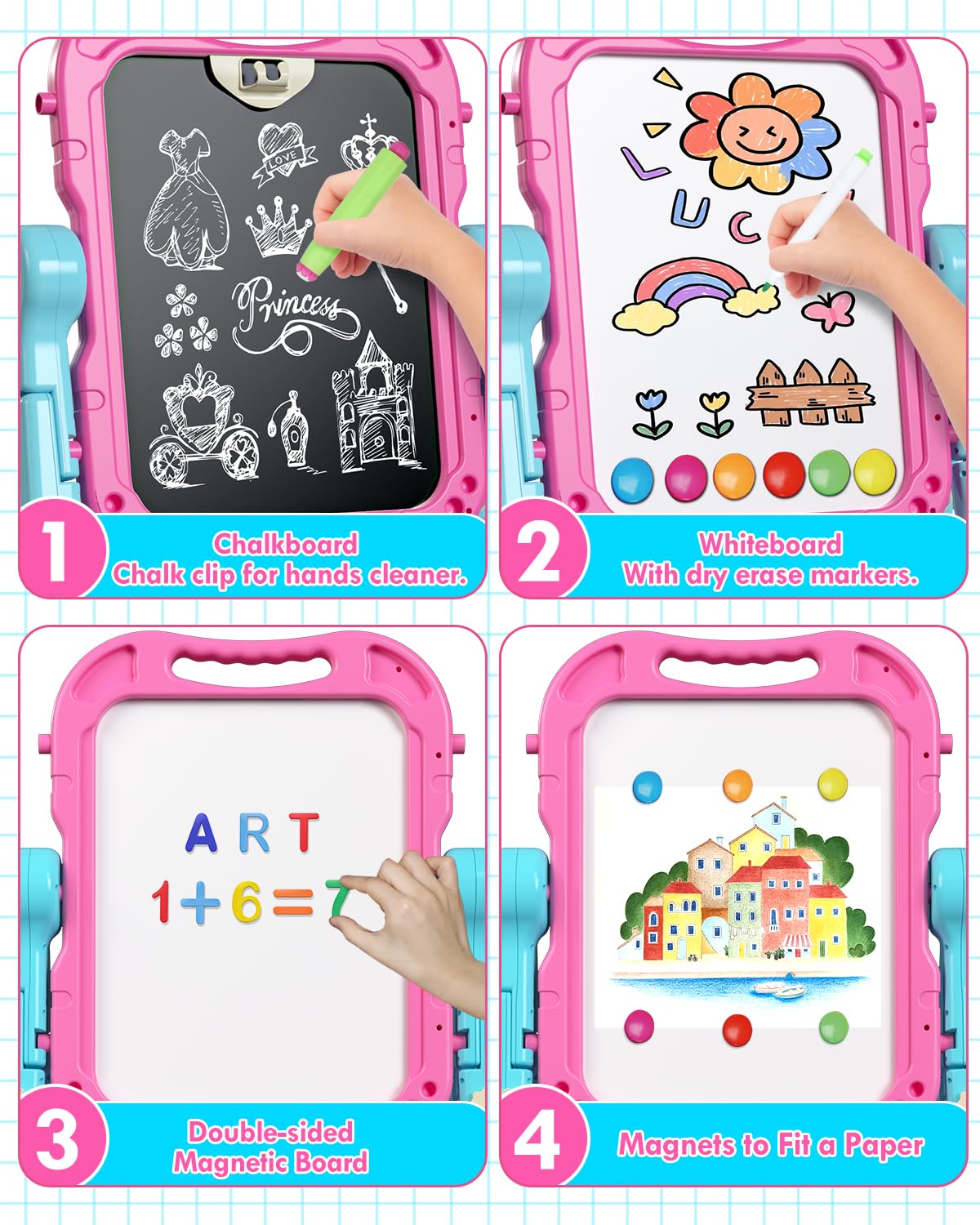Lehoo Castle 4-in-1 Kids Easel — Double-Sided Magnetic Whiteboard & Chalkboard, Adjustable Height