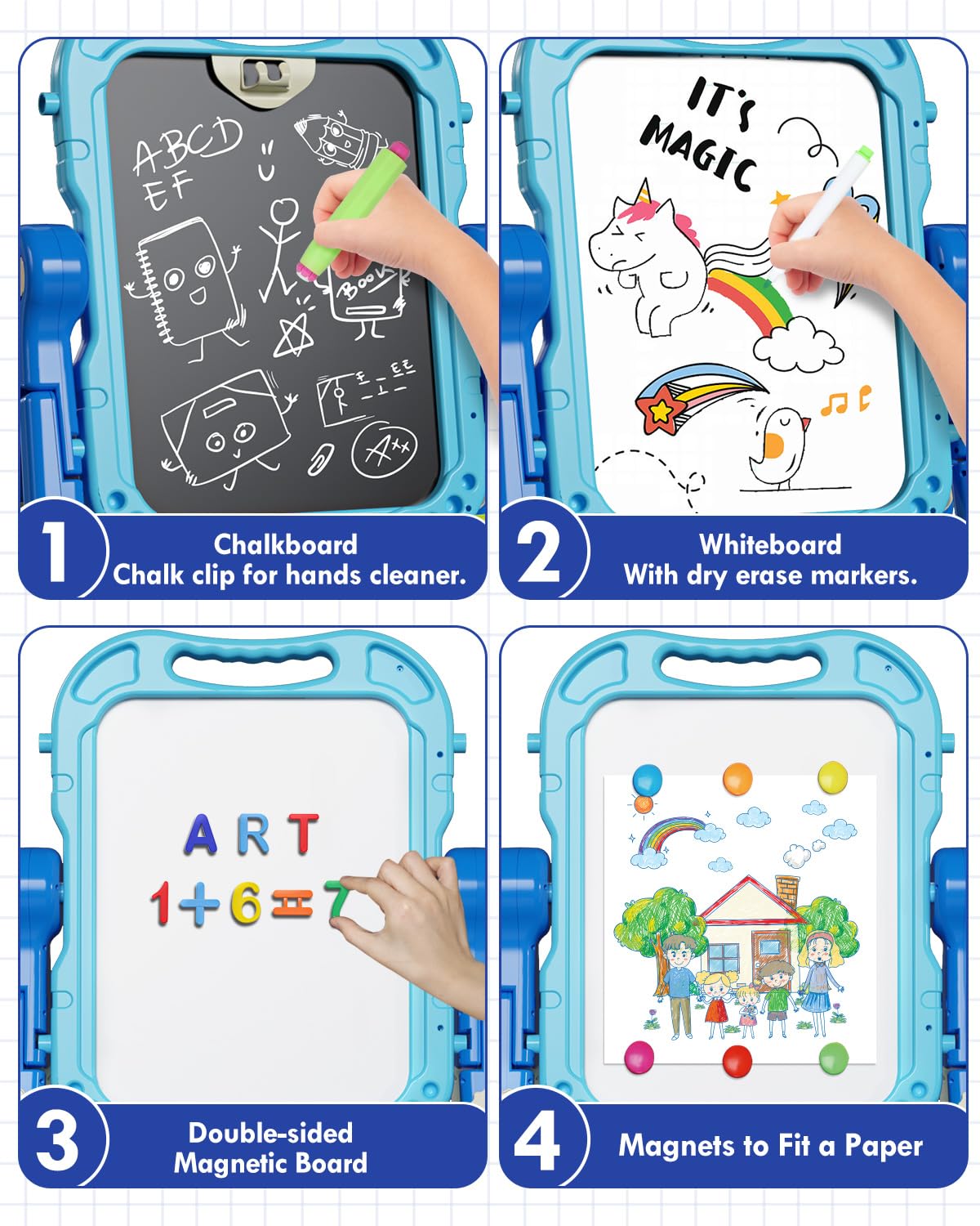 Lehoo Castle 4-in-1 Kids Easel | Adjustable, Double-Sided Magnetic Whiteboard & Chalkboard