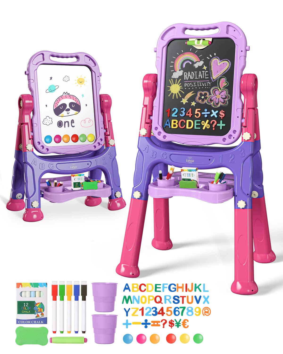 Lehoo Castle Easel for Kids – Double-Sided Chalkboard & Whiteboard, Adjustable Height, Portable Toddler Art Easel
