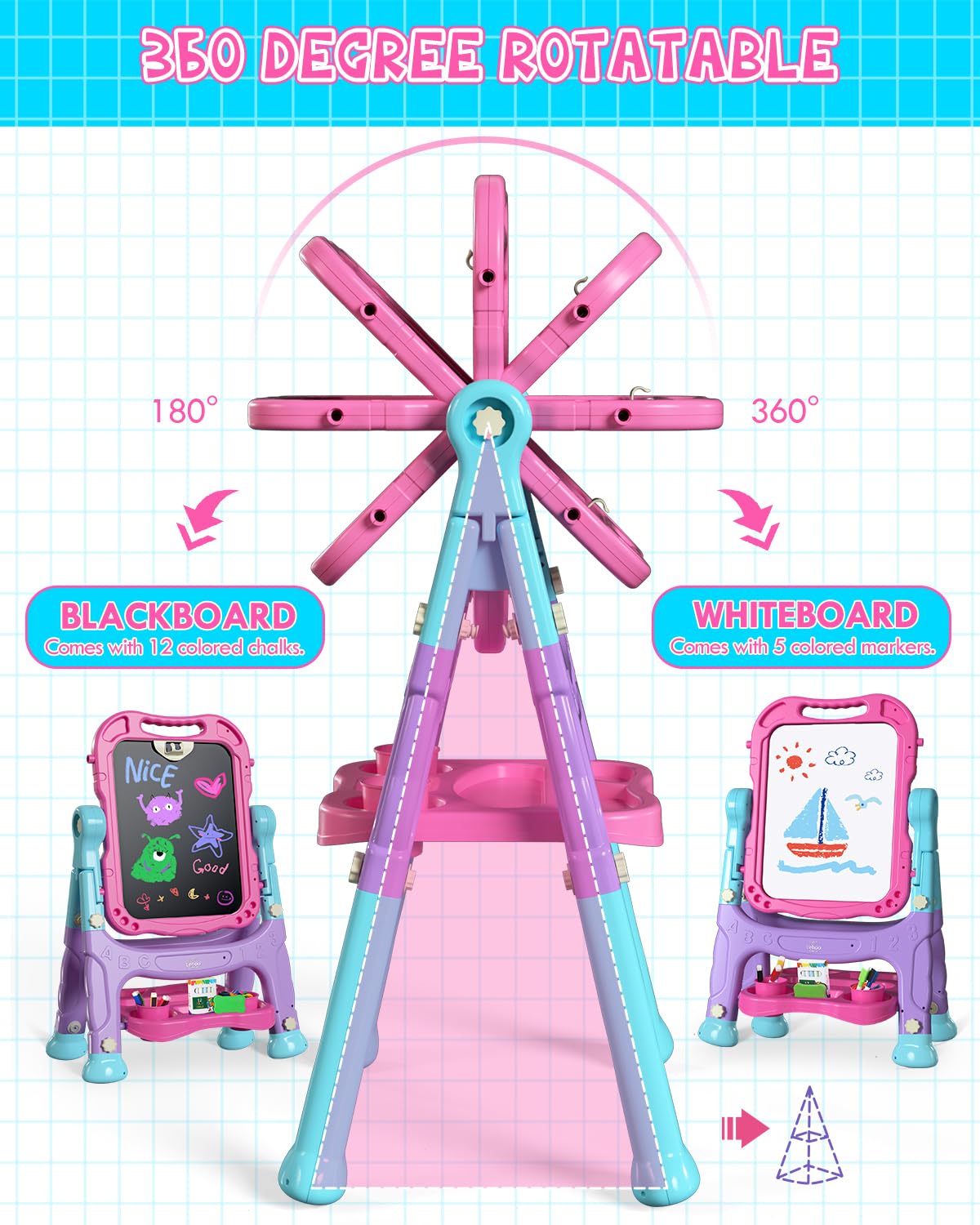 Lehoo Castle 4-in-1 Kids Easel — Double-Sided Magnetic Whiteboard & Chalkboard, Adjustable Height