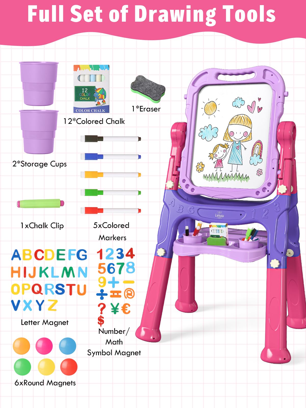 Lehoo Castle Easel for Kids – Double-Sided Chalkboard & Whiteboard, Adjustable Height, Portable Toddler Art Easel