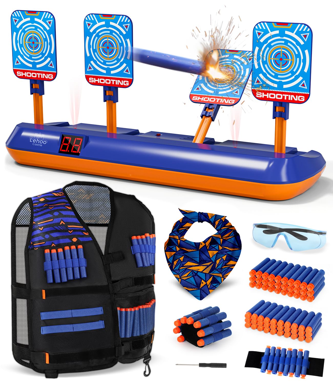 Lehoo Castle Electronic Shooting Targets – Auto-Reset Nerf Target Set with Vest, 60 Foam Bullets, Glasses