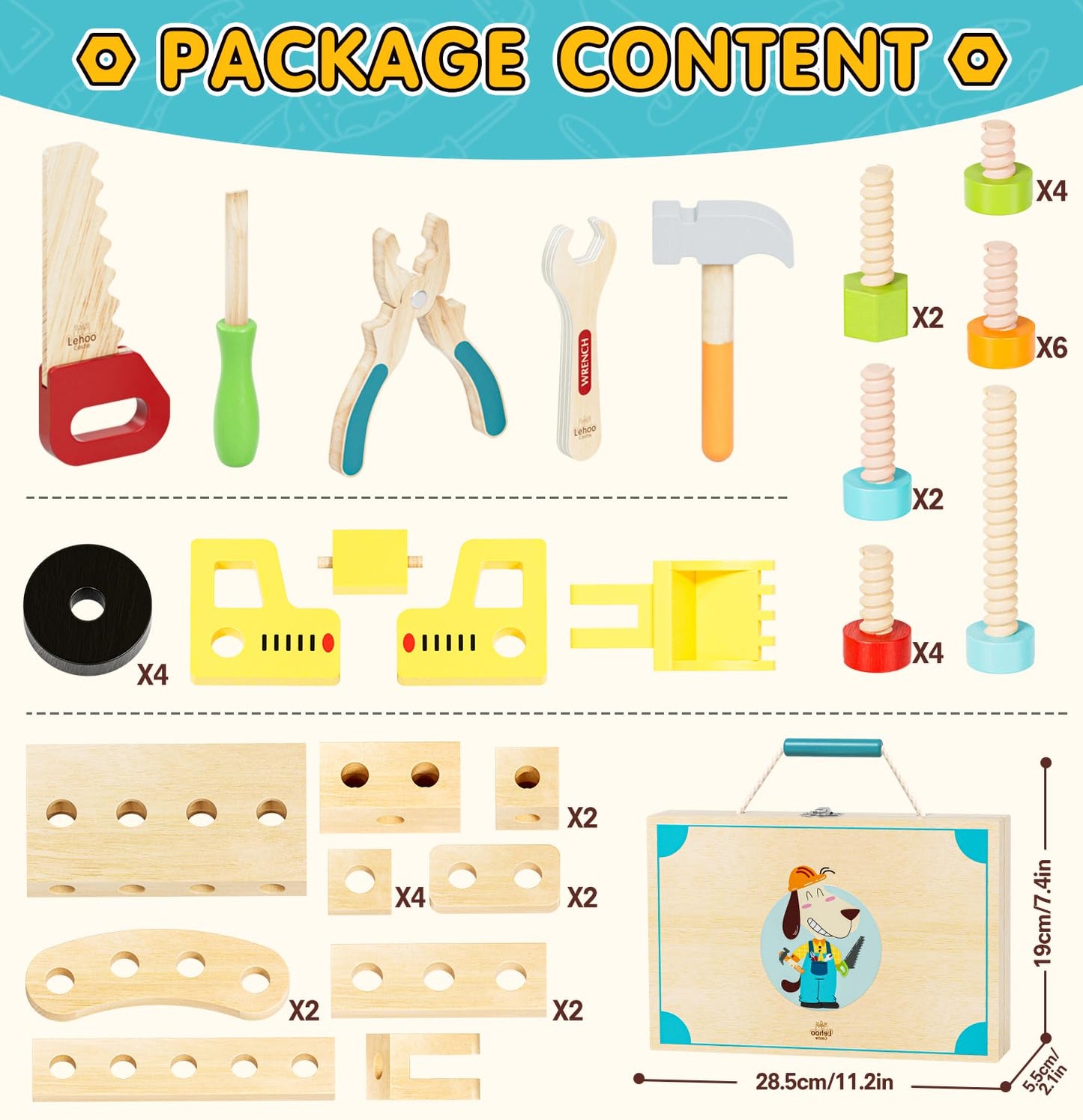 Lehoo Castle Kids Tool Set with Toolbox – Wooden Construction Toys for 3-5 Year Olds