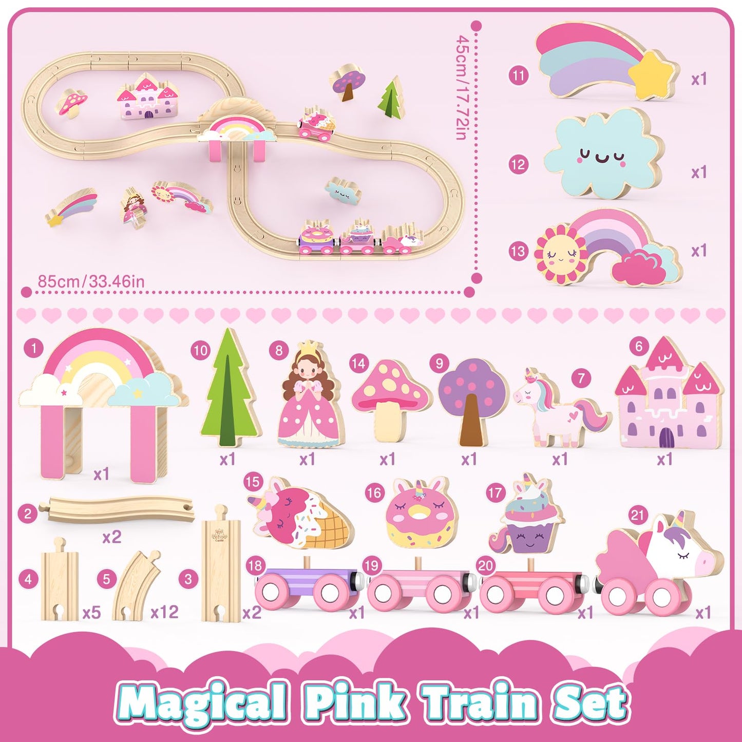 Lehoo Castle Wooden Train Set – Unicorn Pink Train for Toddlers 2-4 | Expandable Track