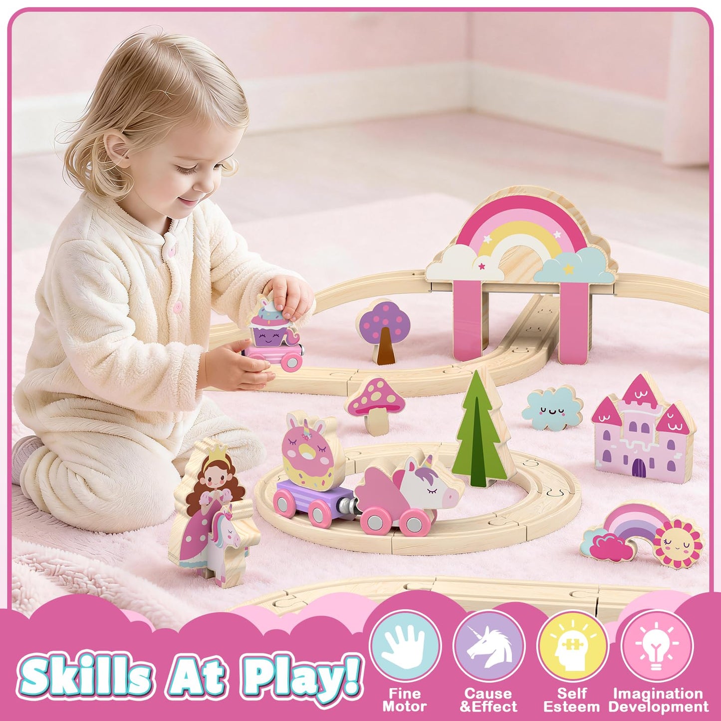 Lehoo Castle Wooden Train Set – Unicorn Pink Train for Toddlers 2-4 | Expandable Track
