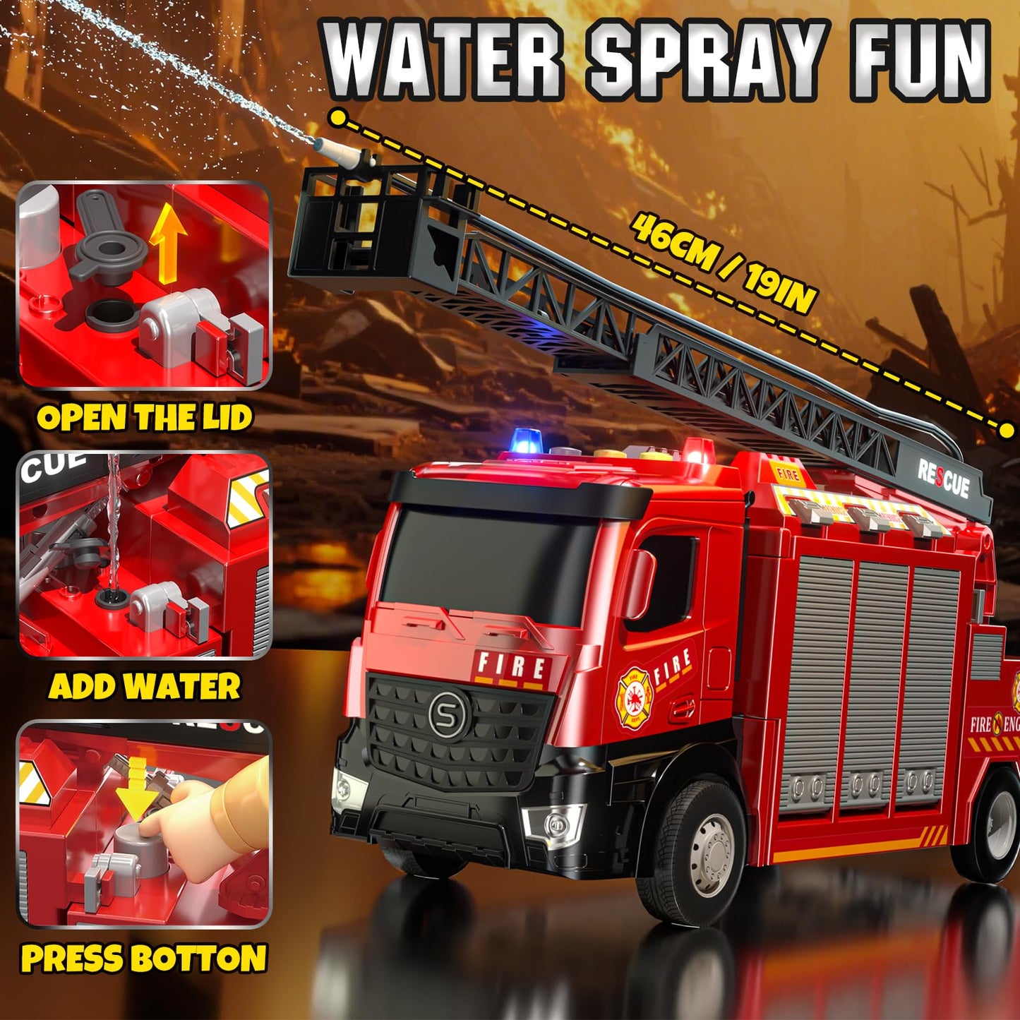 Lehoo Castle Fire Truck Toy for 3-7 Years | Rotating Ladder, Realistic Lights & Sounds