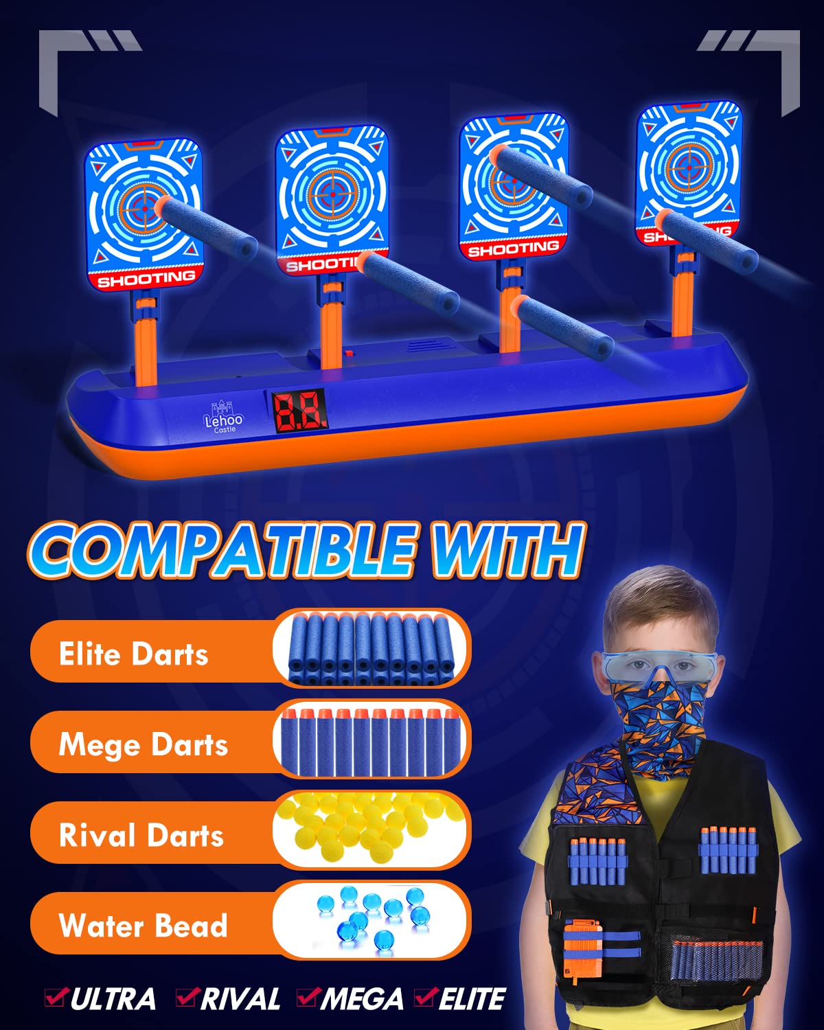 Lehoo Castle Electronic Shooting Targets – Auto-Reset Nerf Target Set with Vest, 60 Foam Bullets, Glasses