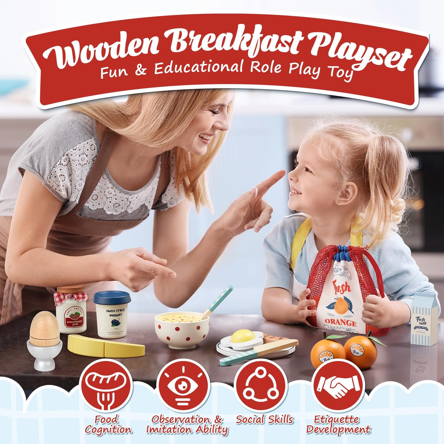 Lehoo Castle Wooden Play Food Set – Montessori Cutting Toys for Kids 3-5, with Storage Bag