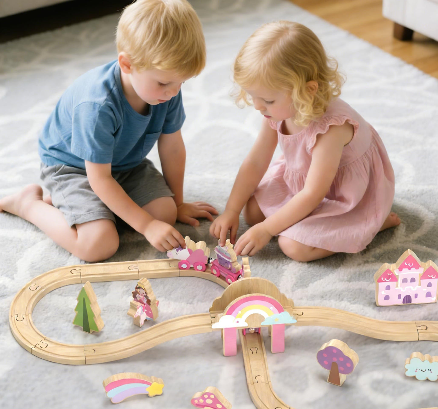 Lehoo Castle Wooden Train Set – Unicorn Pink Train for Toddlers 2-4 | Expandable Track