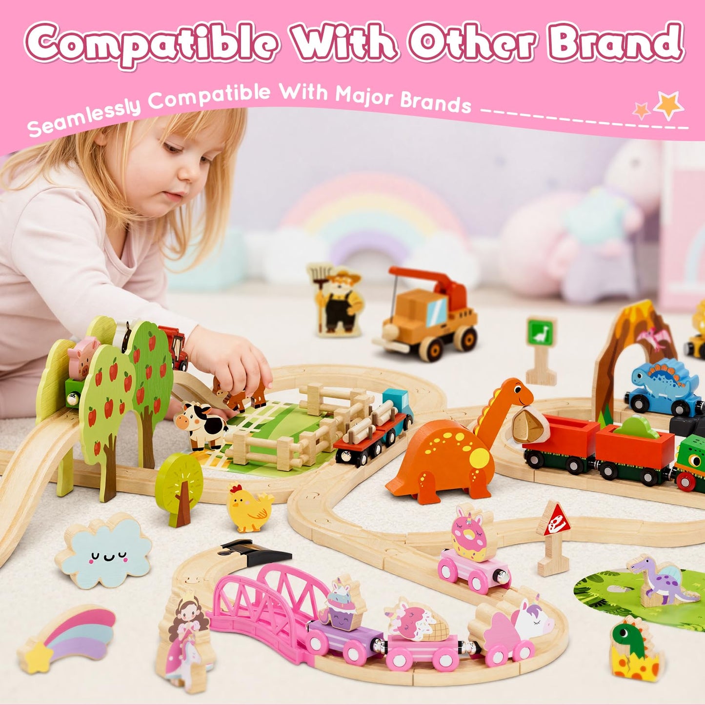 Lehoo Castle Wooden Unicorn Train Set for Toddlers 2-4 – Pink Train & Storage Bag