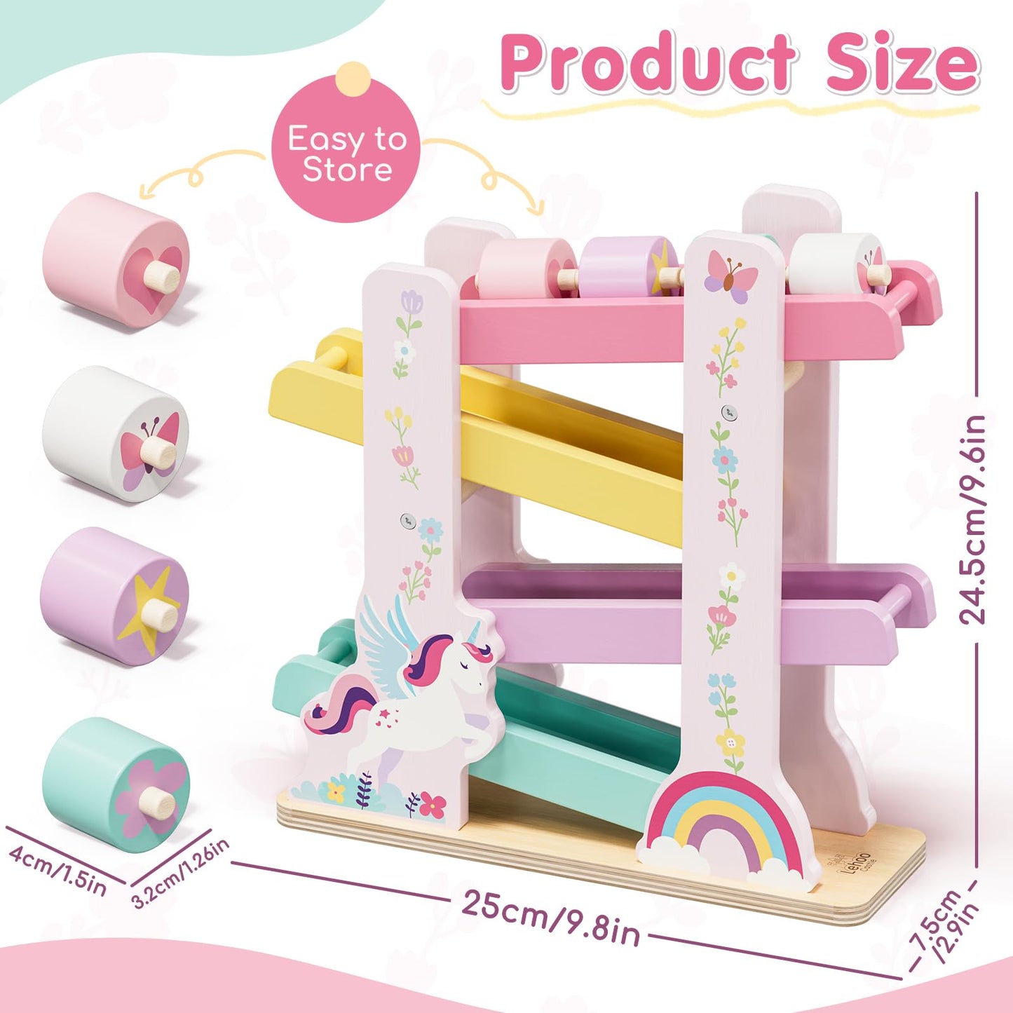 Lehoo Castle Unicorn Wooden Car Ramp Toy – Montessori Race Track for 12-36 Months