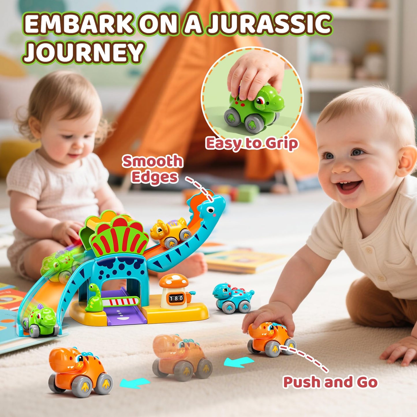 Lehoo Castle Dinosaur Slide with 4 Mini Cars – Toddler Race Track Toy (12-36 Months)