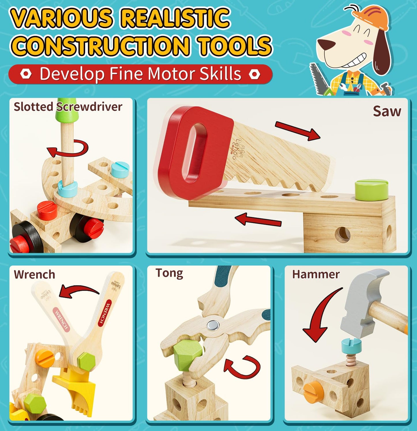 Lehoo Castle Kids Tool Set with Toolbox – Wooden Construction Toys for 3-5 Year Olds