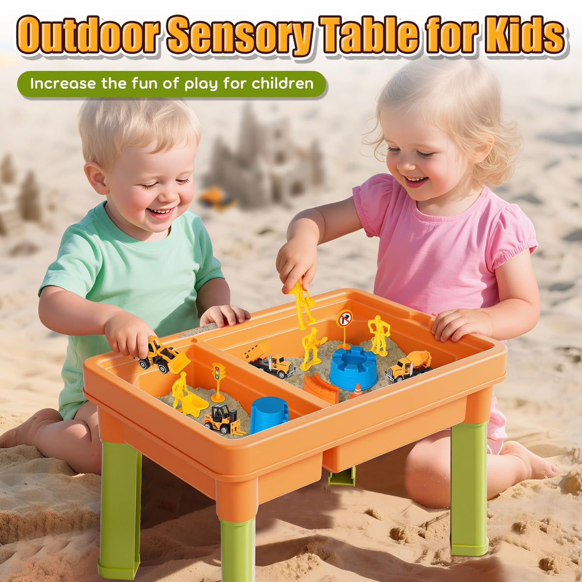 Lehoo Castle Sensory Table with Sand Kit – 26 lbs Sand, 6 Alloy Trucks, Castle Molds, Lid