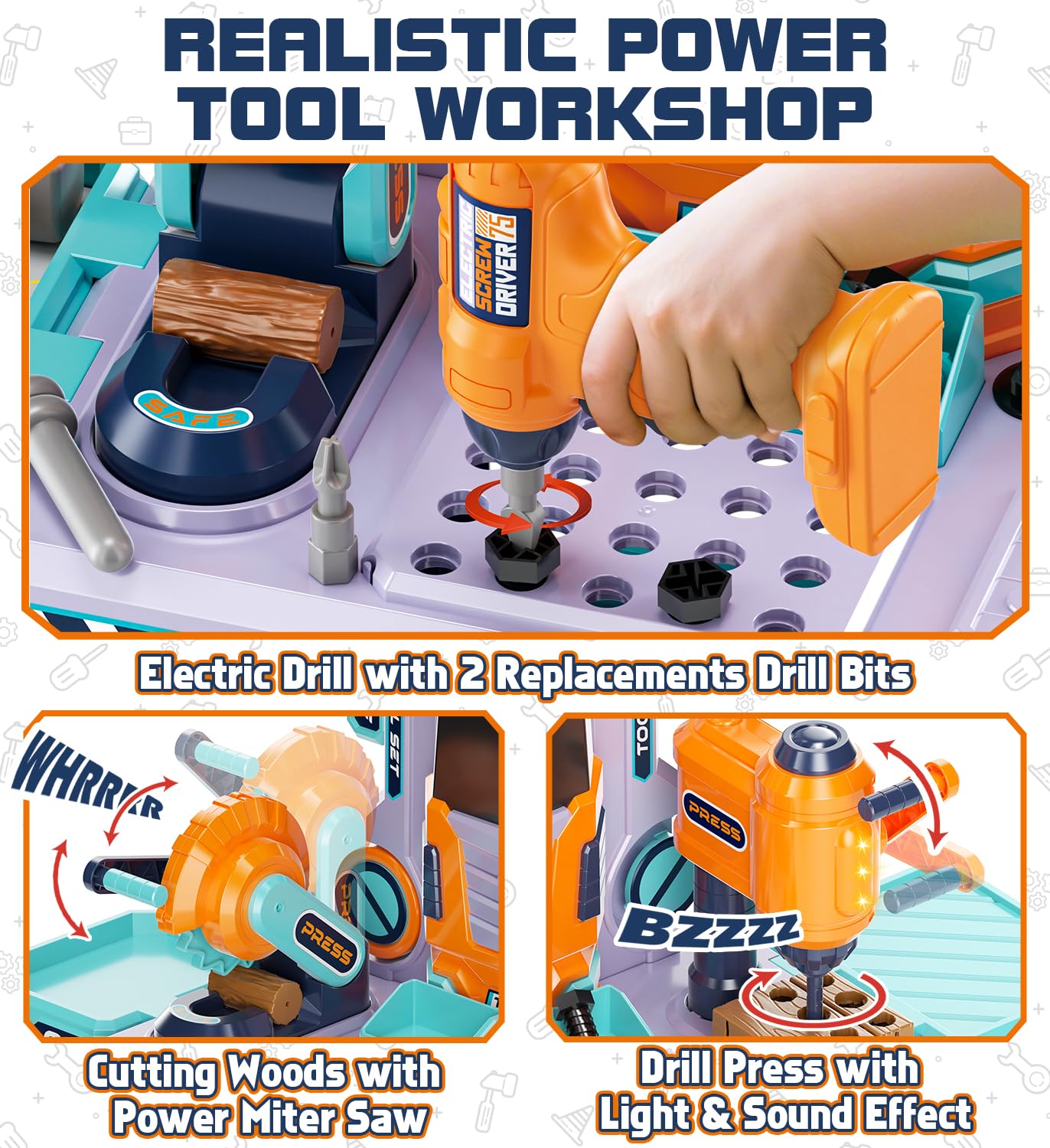 Lehoo Castle Kids Tool Bench (32.5 Inches Tall) — 2-in-1 Workbench & Toolbox with Electric Drill | Pretend Play Toy for Ages 3-5