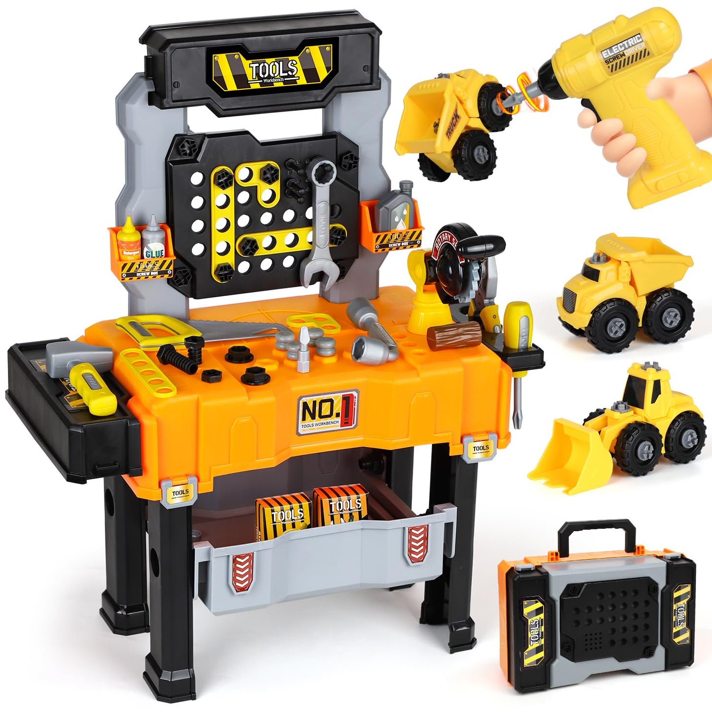 Lehoo Castle Kids Tool Bench with Electric Drill & Construction Vehicles — 2-in-1 Workbench & Toolbox for Ages 3–5